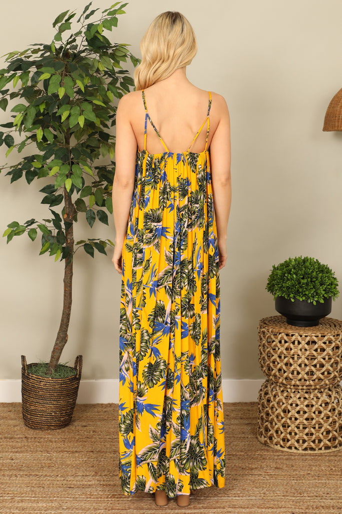 Spaghetti Strap Leaves Print Maxi Dress