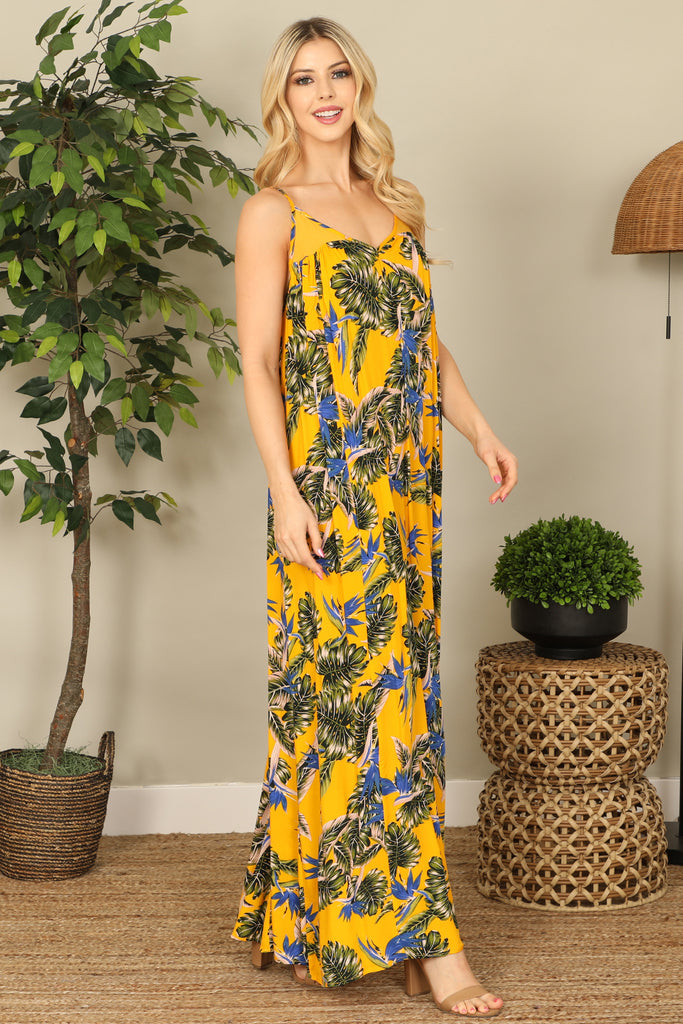 Spaghetti Strap Leaves Print Maxi Dress