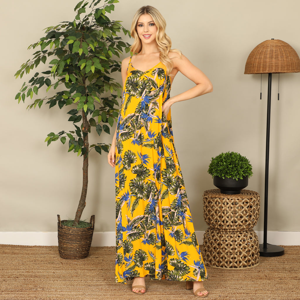 Spaghetti Strap Leaves Print Maxi Dress