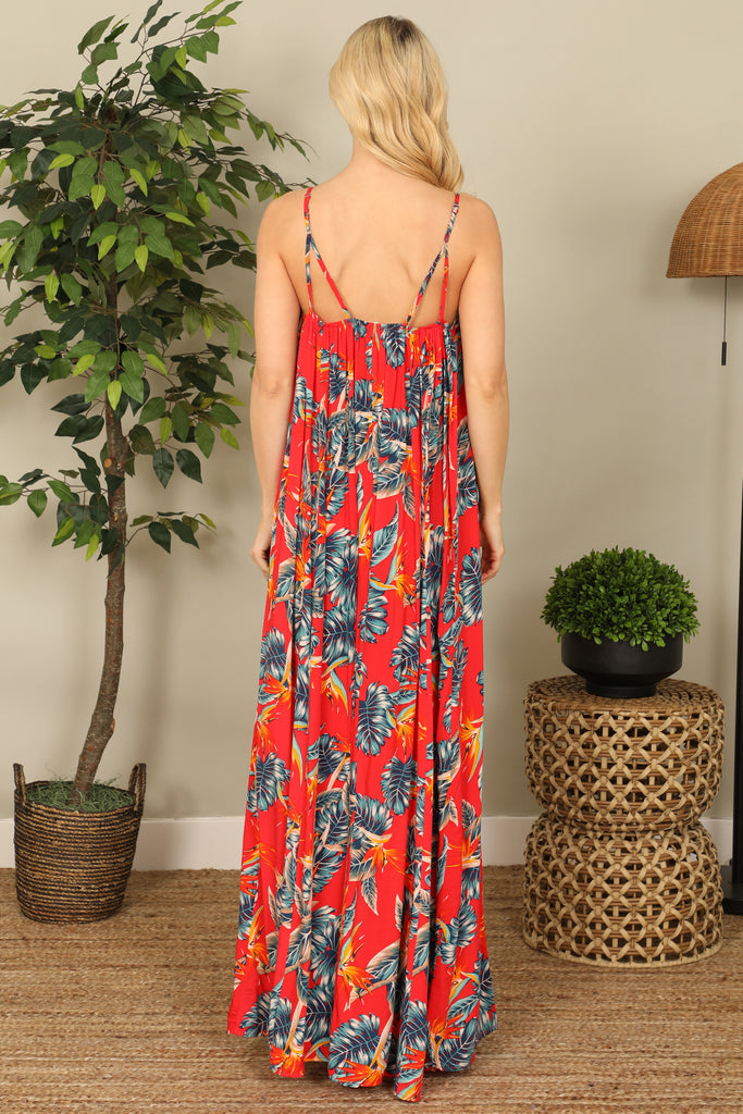 Spaghetti Strap Leaves Print Maxi Dress