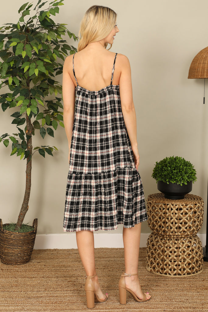 Checkered Spaghetti Strap Button Down Detail Dress