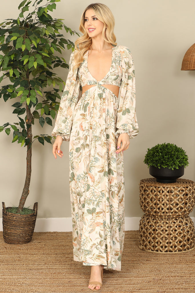 Pale Cut-out Side Puff Long Sleeve Printed Maxi Dress