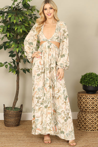 maxi dress for women with puff sleeves Pale Cut-out Side Puff Long Sleeve Printed Maxi Dress
