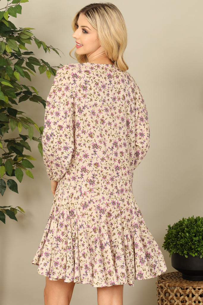 V-Neck Puff Long Sleeve Floral Mini Dress