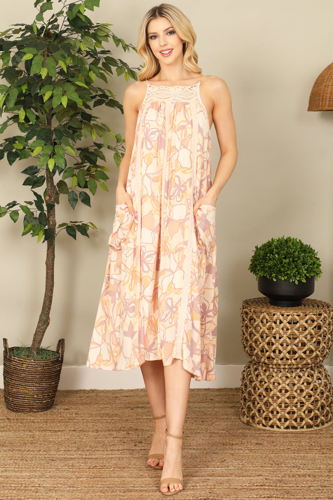 Floral Lace Halter Side Pocket Mini Dress