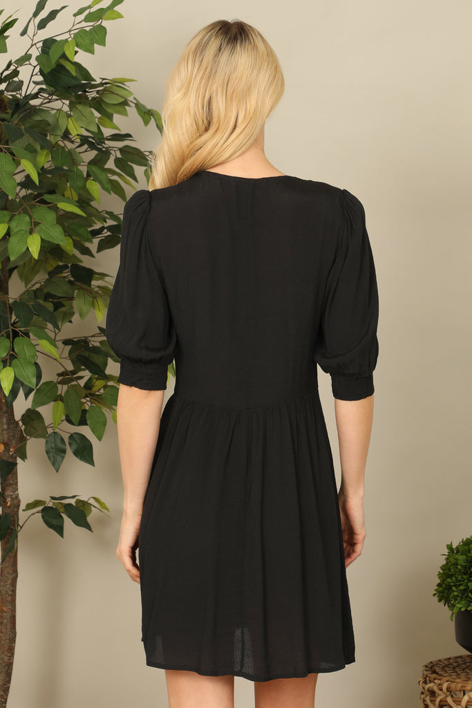 Half Puff Sleeve Button-Down Solid Dress