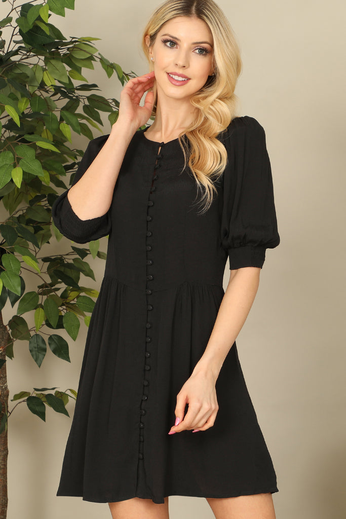 Half Puff Sleeve Button-Down Solid Dress Riah Fashion Half Puff Sleeve Button-Down Solid Dress Riah Fashion