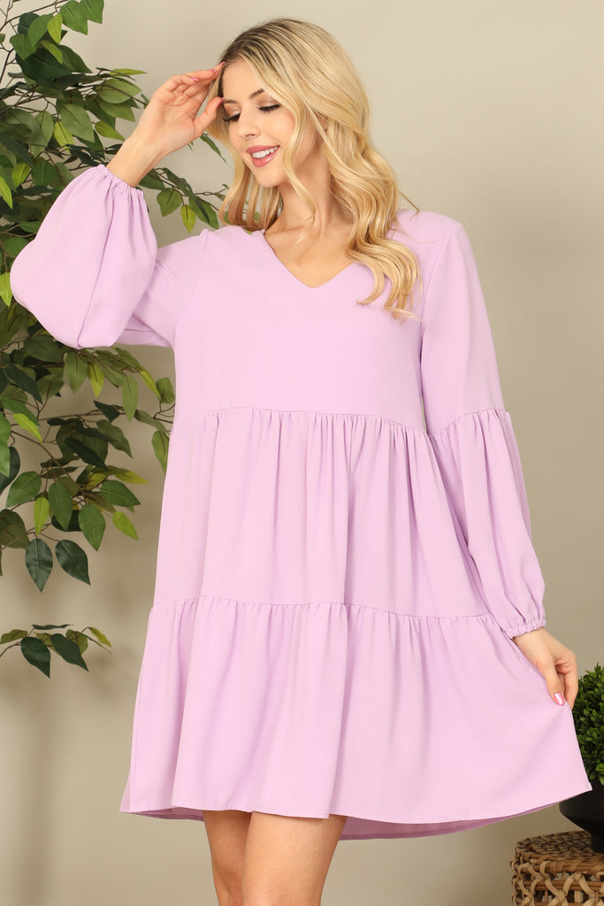 V-Neck Puff Long Sleeve Baby Doll Tiered Solid Dress