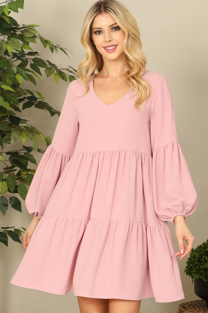 V-Neck Puff Long Sleeve Baby Doll Tiered Solid Dress
