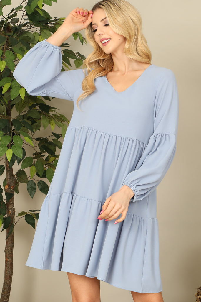 V-Neck Puff Long Sleeve Baby Doll Tiered Solid Dress