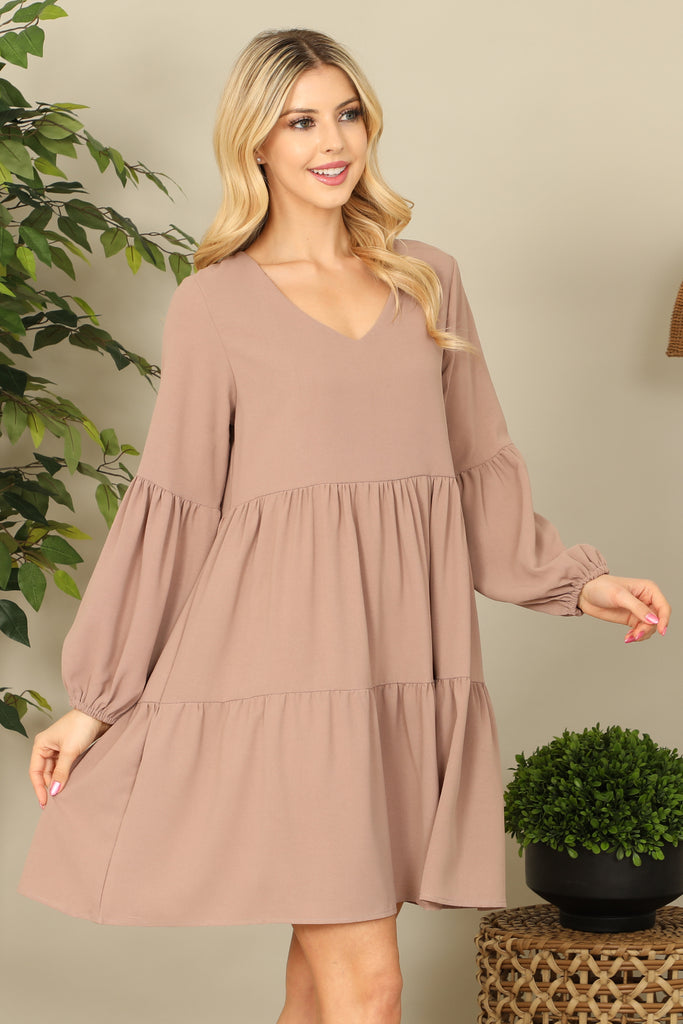 V-Neck Puff Long Sleeve Baby Doll Tiered Solid Dress