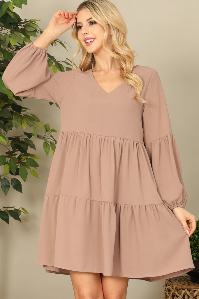 V-Neck Puff Long Sleeve Baby Doll Tiered Solid Dress