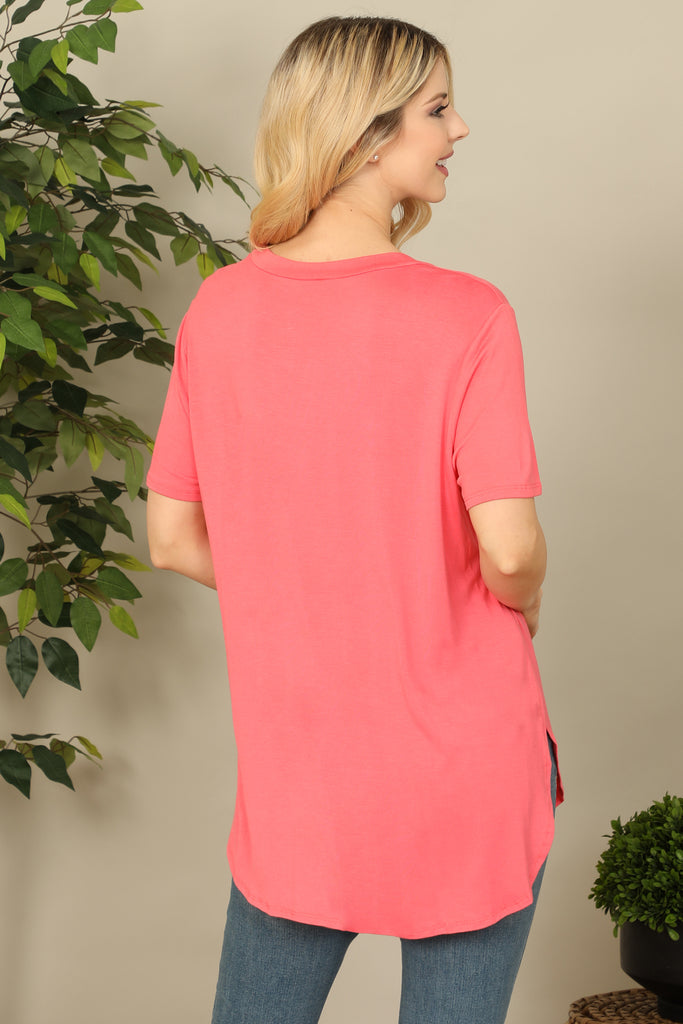 Short Sleeve Hem Slit Detail Solid Top