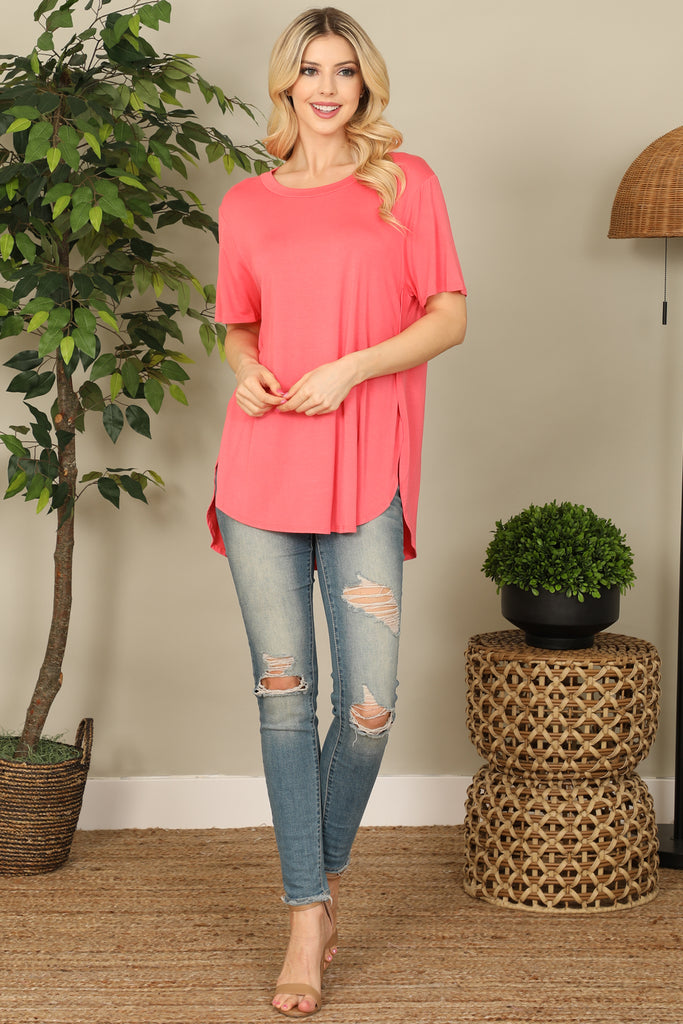 Short Sleeve Hem Slit Detail Solid Top