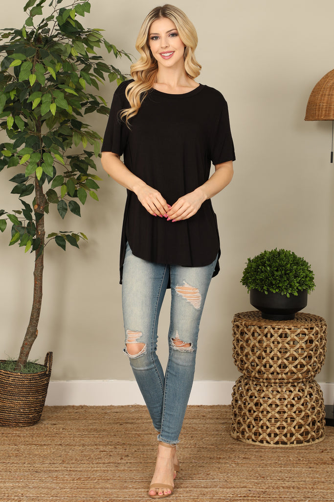 Short Sleeve Hem Slit Detail Solid Top