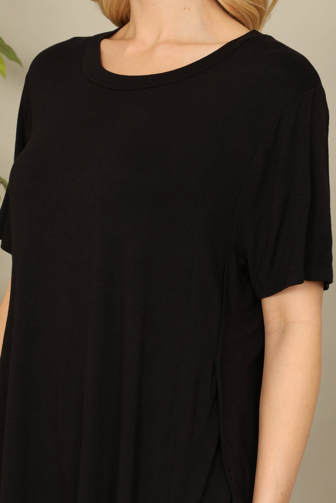 Short Sleeve Hem Slit Detail Solid Top