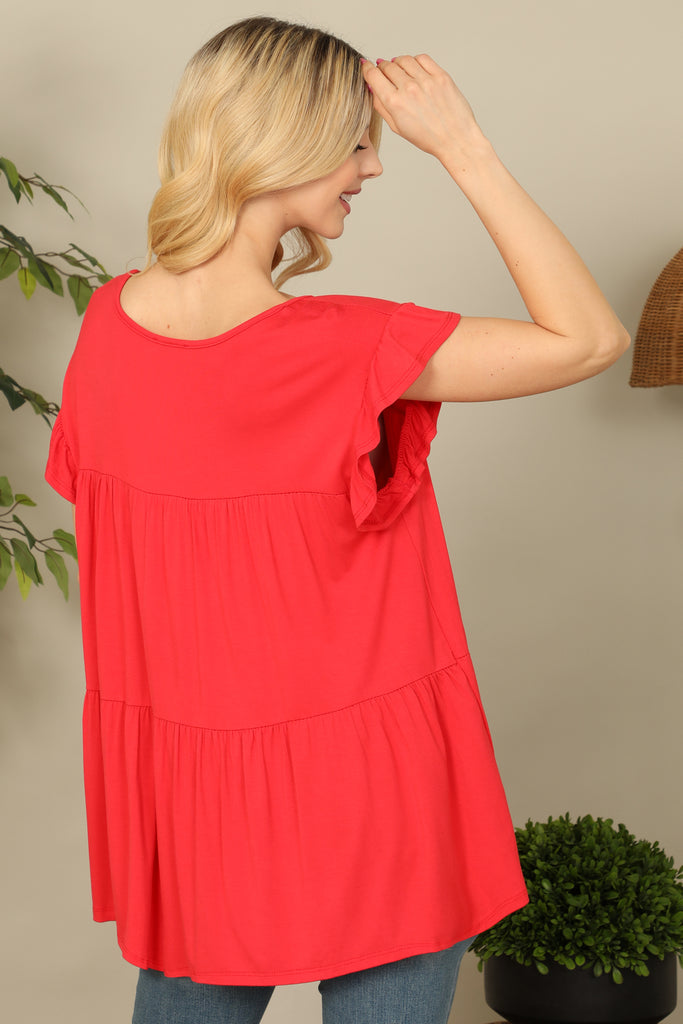 Ruffle Short Sleeve Boat Neck Tiered Solid Top