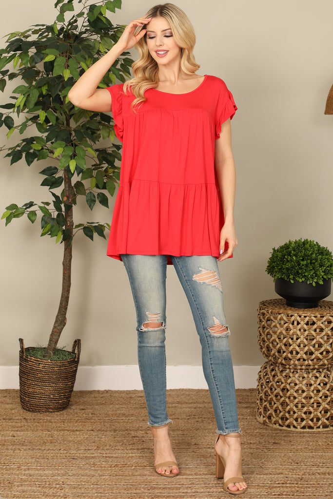 Short Sleeve Boat Neck Tiered Solid Top