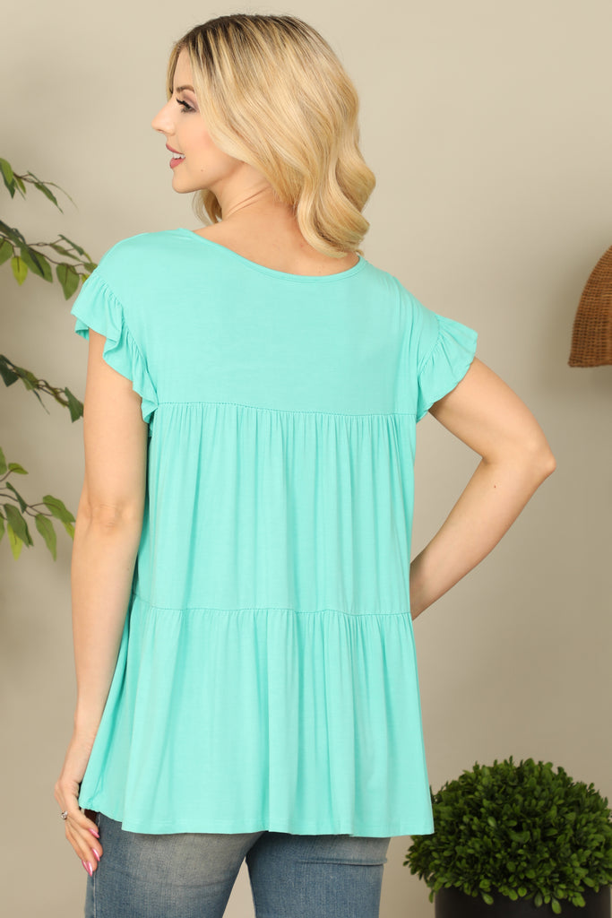 Short Sleeve Boat Neck Tiered Solid Top