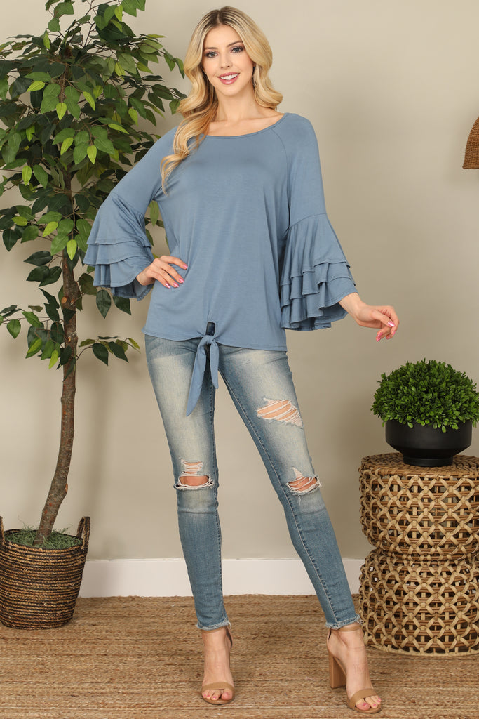 Layered Ruffle Bell Sleeve Knot Hem Solid Top