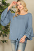Layered Ruffle Bell Sleeve Knot Hem Solid Top