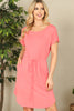 Short Sleeve Elastic Waist Tie Solid Dress