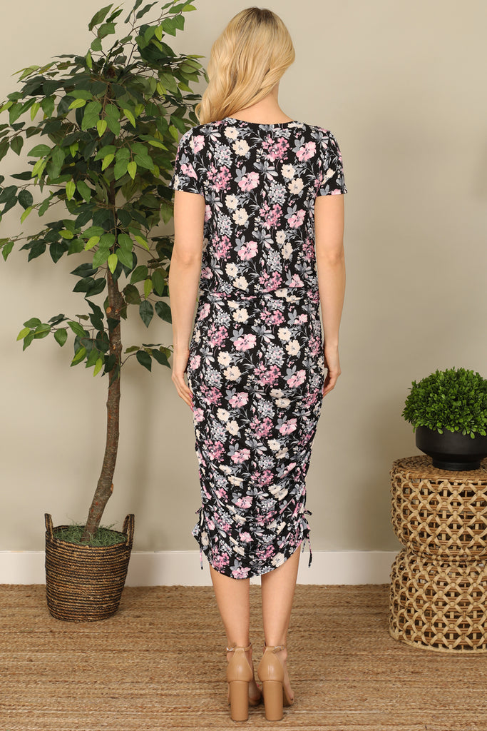 Floral Side Ruched Tie Midi Dress