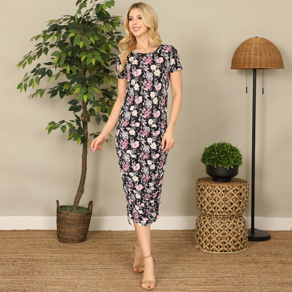 Floral Side Ruched Tie Midi Dress