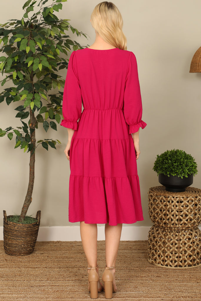 V-Neck Half Puff Sleeve Tiered Solid Midi Dress