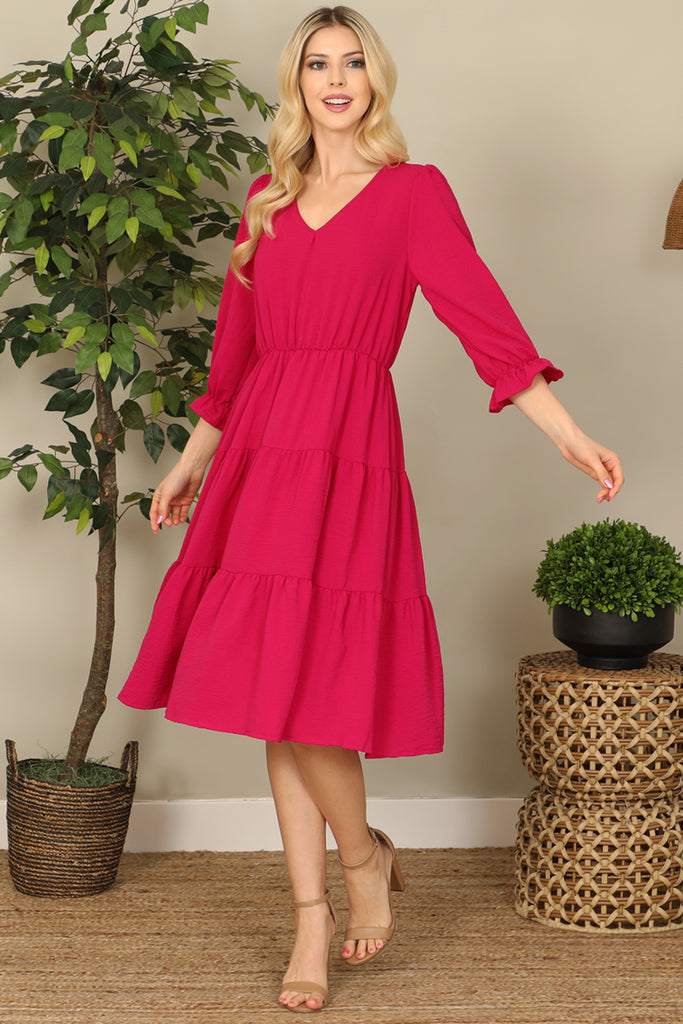 V-Neck Half Puff Sleeve Tiered Solid Midi Dress