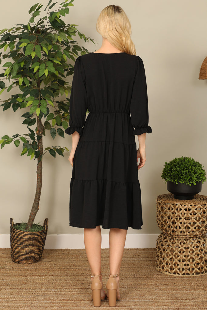 V-Neck Half Puff Sleeve Tiered Solid Midi Dress