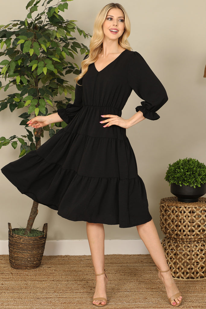 V-Neck Half Puff Sleeve Tiered Solid Midi Dress