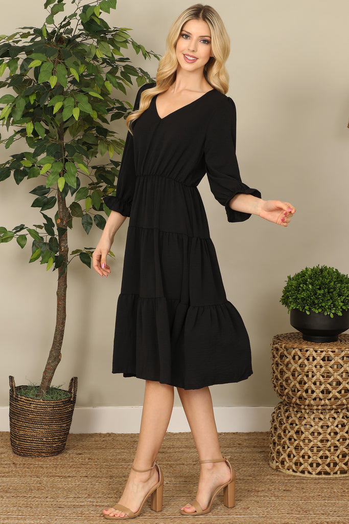 V-Neck Half Puff Sleeve Tiered Solid Midi Dress