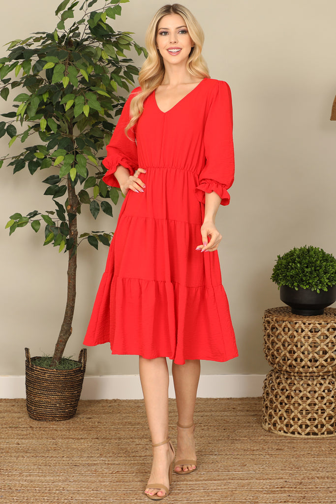 V-Neck Half Puff Sleeve Tiered Solid Midi Dress