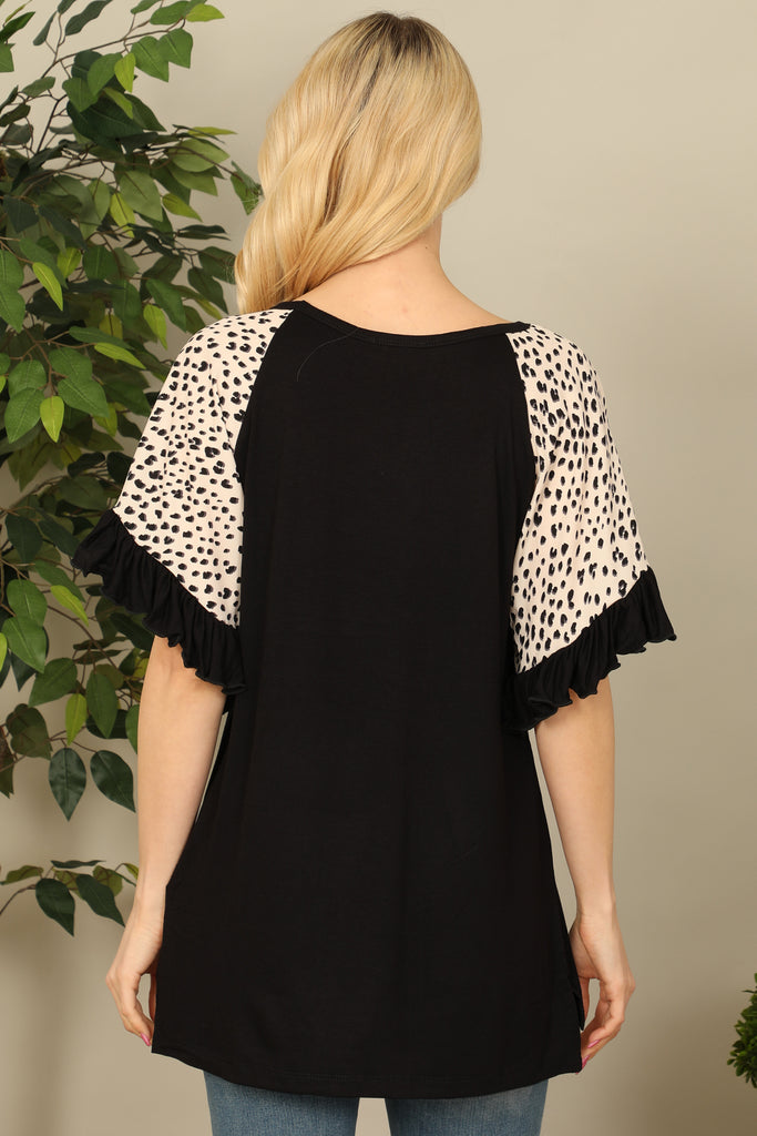 V-Neck Printed Ruffle Sleeve Top