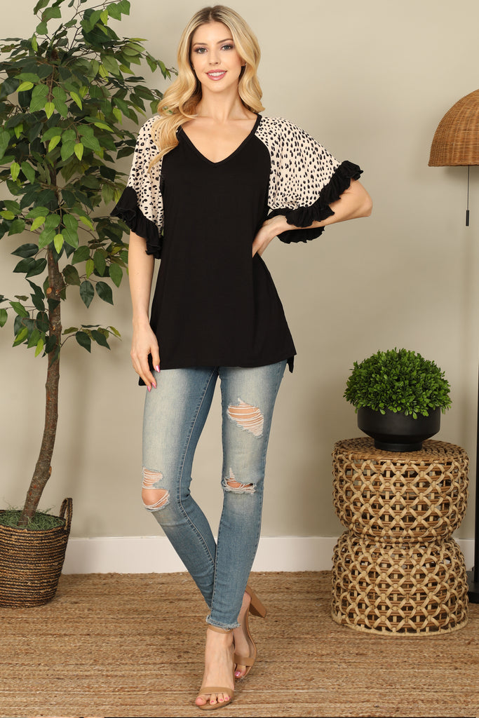 V-Neck Printed Ruffle Sleeve Top