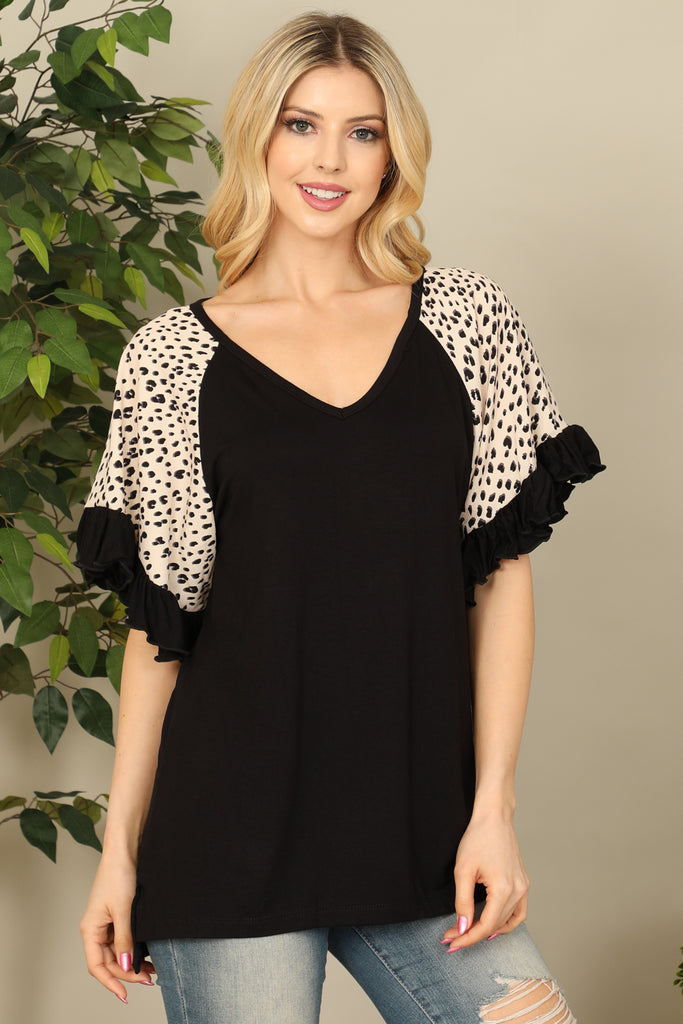 V-Neck Printed Ruffle Sleeve Top