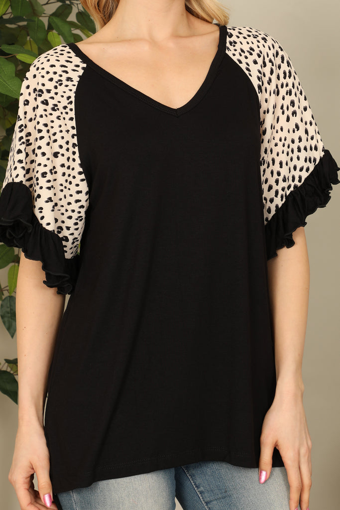 V-Neck Printed Ruffle Sleeve Top