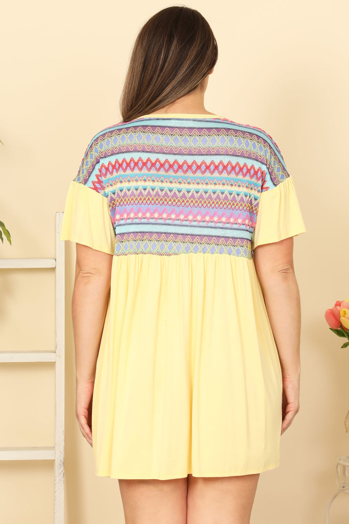 Plus Size Ruffle Sleeve Contrast Printed Mini Dress