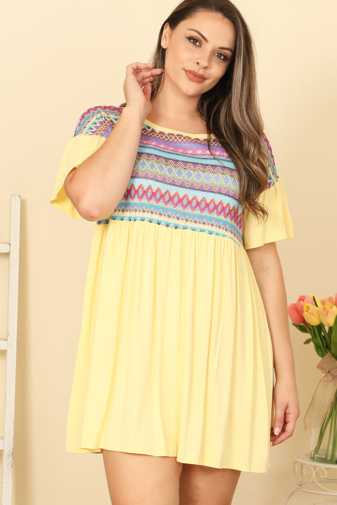 Plus Size Ruffle Sleeve Contrast Printed Mini Dress