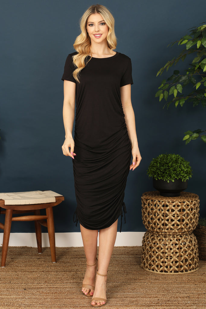 Drawstring Side Ruched Solid Dress