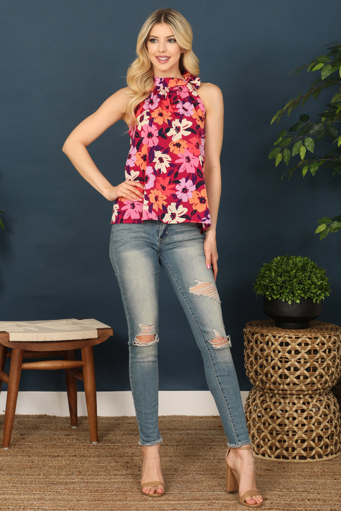 Turtle Halter Neck Tie Detail Floral Top