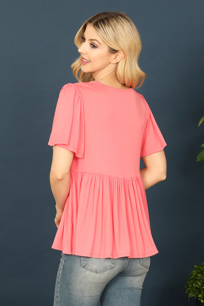 V-Neck Pleated Front Detail Bell Sleeve Solid Top
