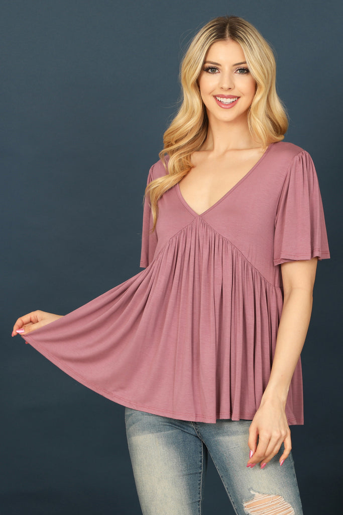 V-Neck Pleated Front Detail Bell Sleeve Solid Top