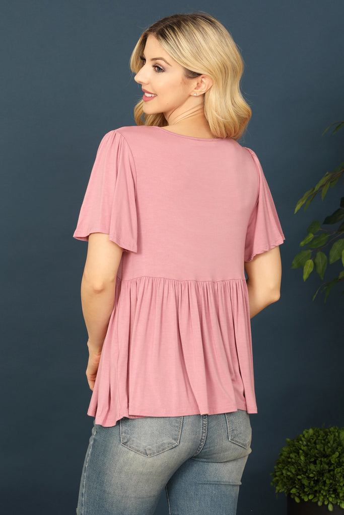 V-Neck Pleated Front Detail Bell Sleeve Solid Top
