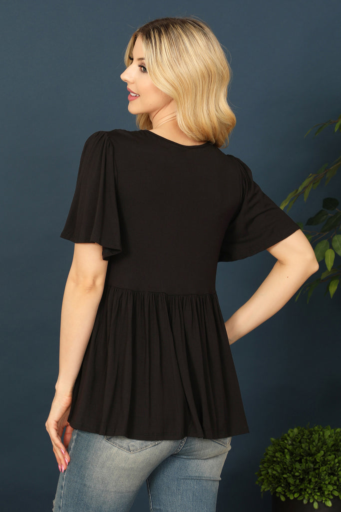 V-Neck Pleated Front Detail Bell Sleeve Solid Top