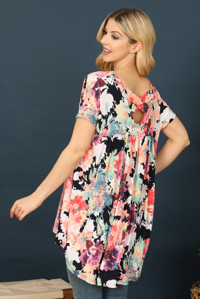 Short Sleeve Long Back Tunic Floral Top