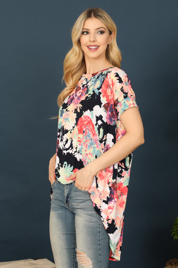 Short Sleeve Long Back Tunic Floral Top