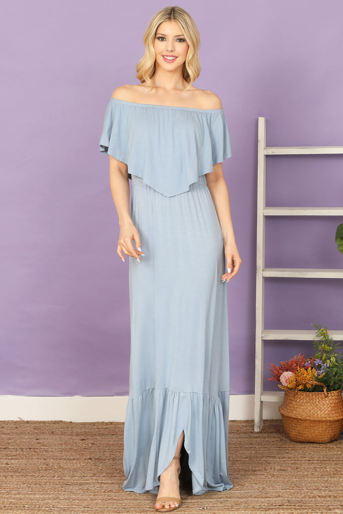 Off Shoulder Ruffle Detail Floor Length Solid Dress