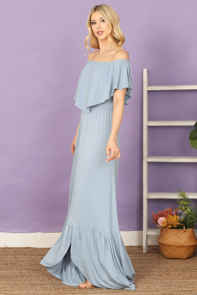 Off Shoulder Ruffle Detail Floor Length Solid Dress